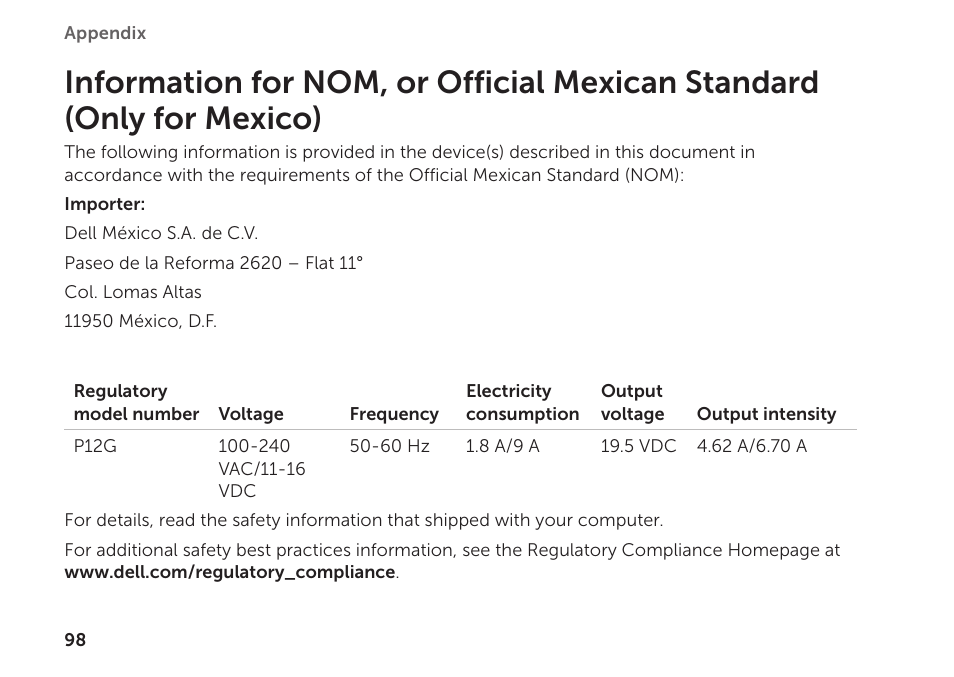 Information for nom, or official, Mexican standard (only for mexico) | Dell XPS 14 (L401X, Late 2010) User Manual | Page 100 / 106