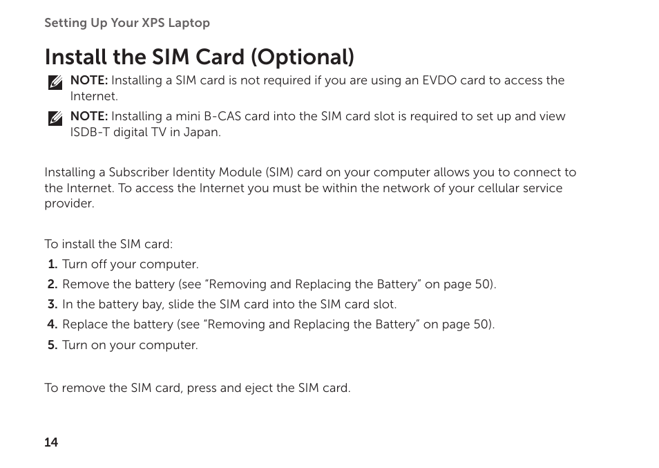 Install the sim card (optional) | Dell XPS 14 (L401X, Late 2010) User Manual | Page 16 / 106