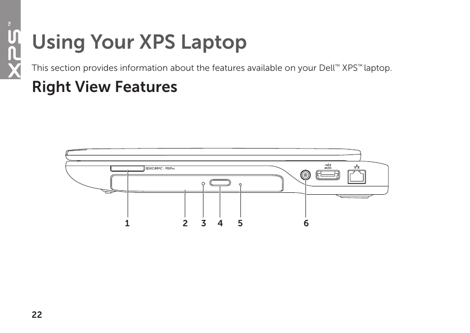 Using your xps laptop, Right view features | Dell XPS 14 (L401X, Late 2010) User Manual | Page 24 / 106