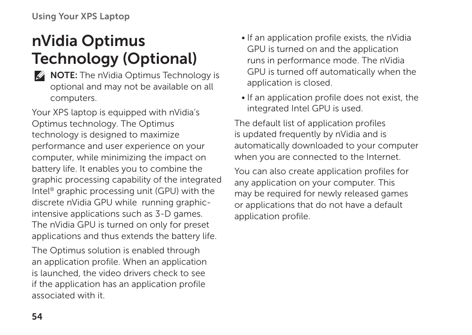 Nvidia optimus technology (optional), Nvidia optimus technology, Optional) | Dell XPS 14 (L401X, Late 2010) User Manual | Page 56 / 106