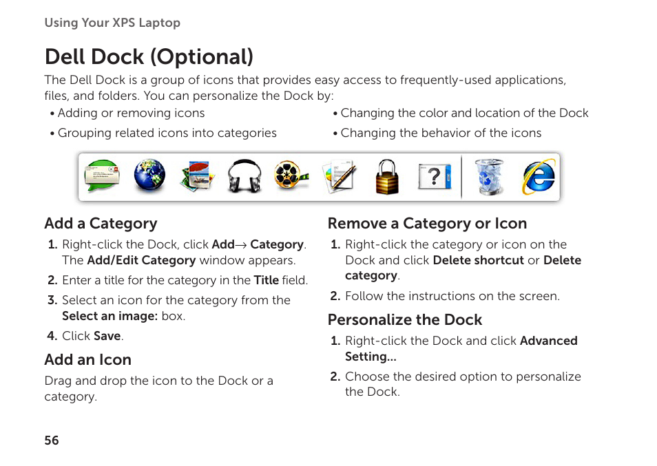 Dell dock (optional) | Dell XPS 14 (L401X, Late 2010) User Manual | Page 58 / 106