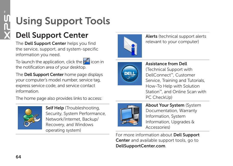 Using support tools, Dell support center | Dell XPS 14 (L401X, Late 2010) User Manual | Page 66 / 106