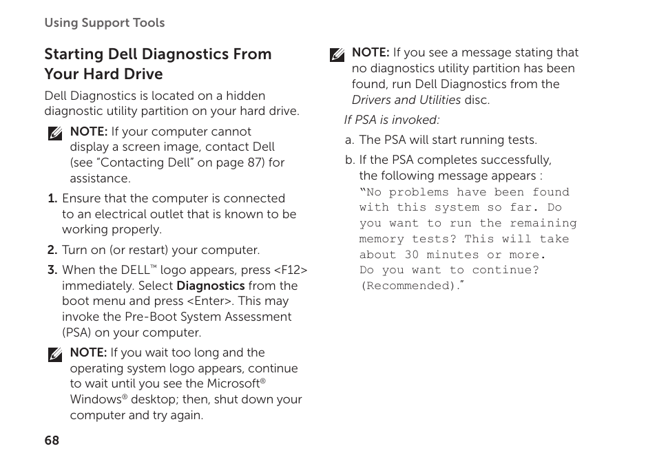 Starting dell diagnostics from your hard drive | Dell XPS 14 (L401X, Late 2010) User Manual | Page 70 / 106