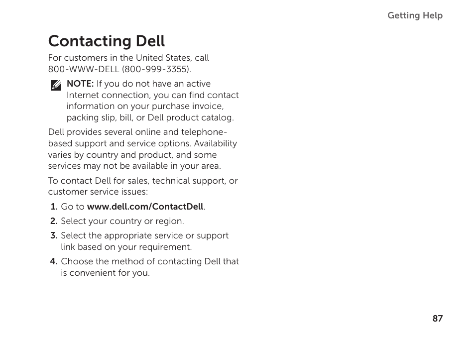 Contacting dell | Dell XPS 14 (L401X, Late 2010) User Manual | Page 89 / 106