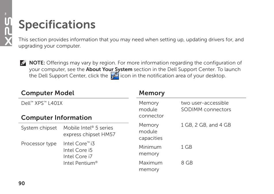 Specifications, Computer model, Computer information | Dell XPS 14 (L401X, Late 2010) User Manual | Page 92 / 106