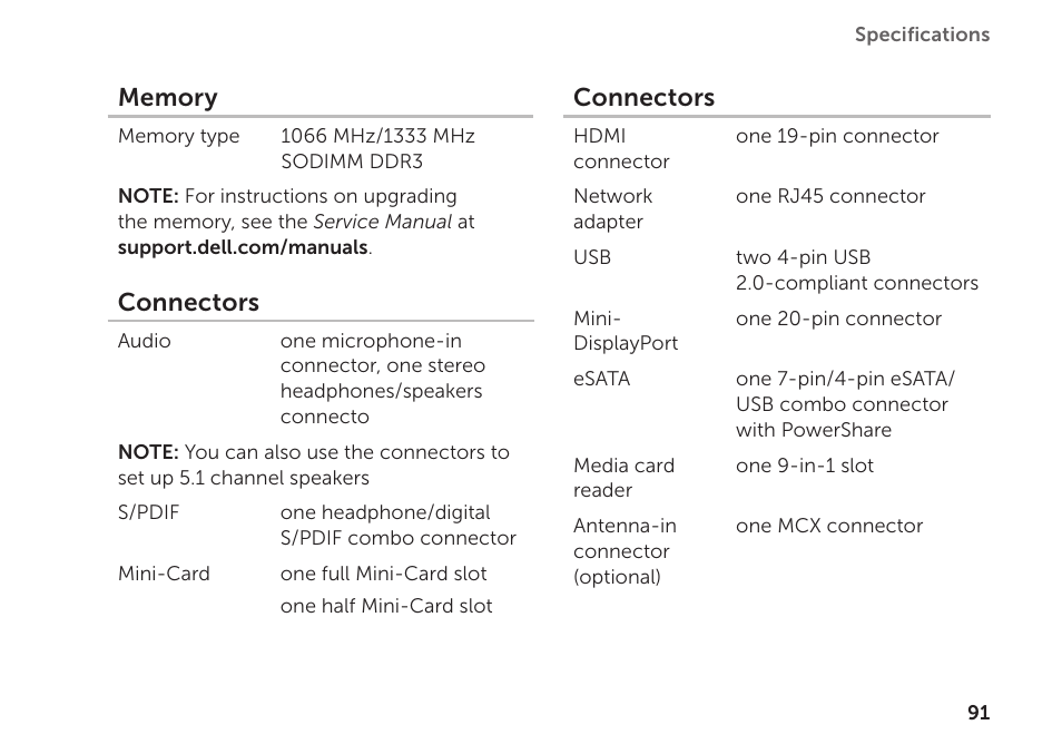 Connectors | Dell XPS 14 (L401X, Late 2010) User Manual | Page 93 / 106