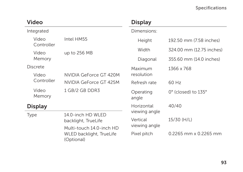 Video, Display | Dell XPS 14 (L401X, Late 2010) User Manual | Page 95 / 106