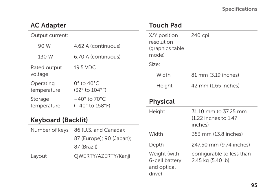 Ac adapter, Keyboard (backlit), Touch pad | Physical | Dell XPS 14 (L401X, Late 2010) User Manual | Page 97 / 106