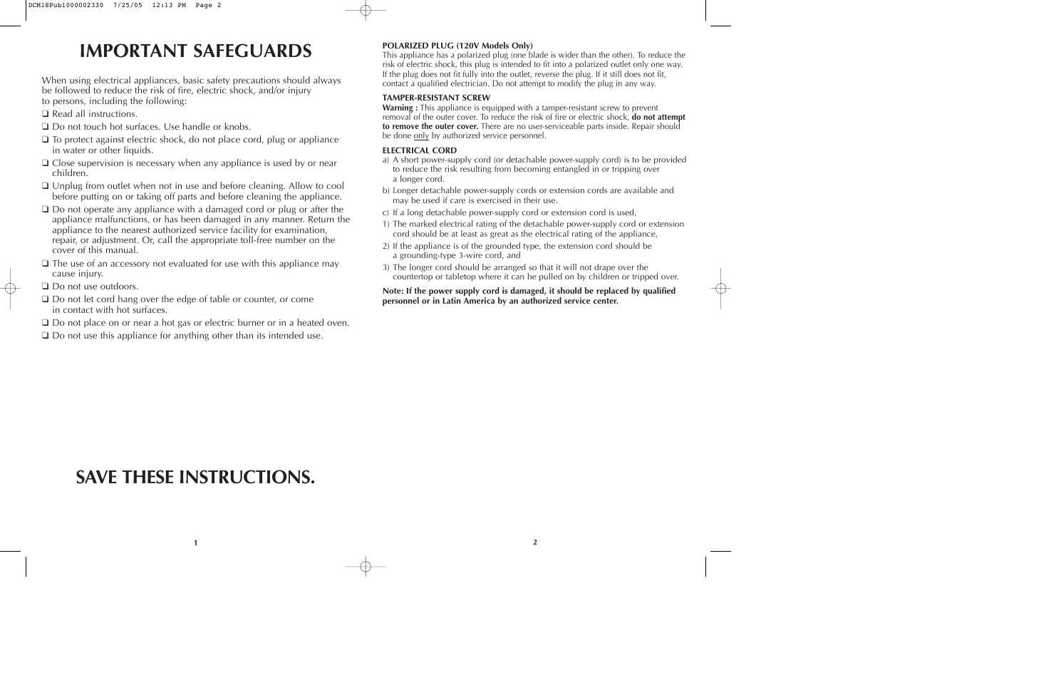 Important safeguards, Save these instructions | Black & Decker BREW 'N GO DCM18 User Manual | Page 2 / 11