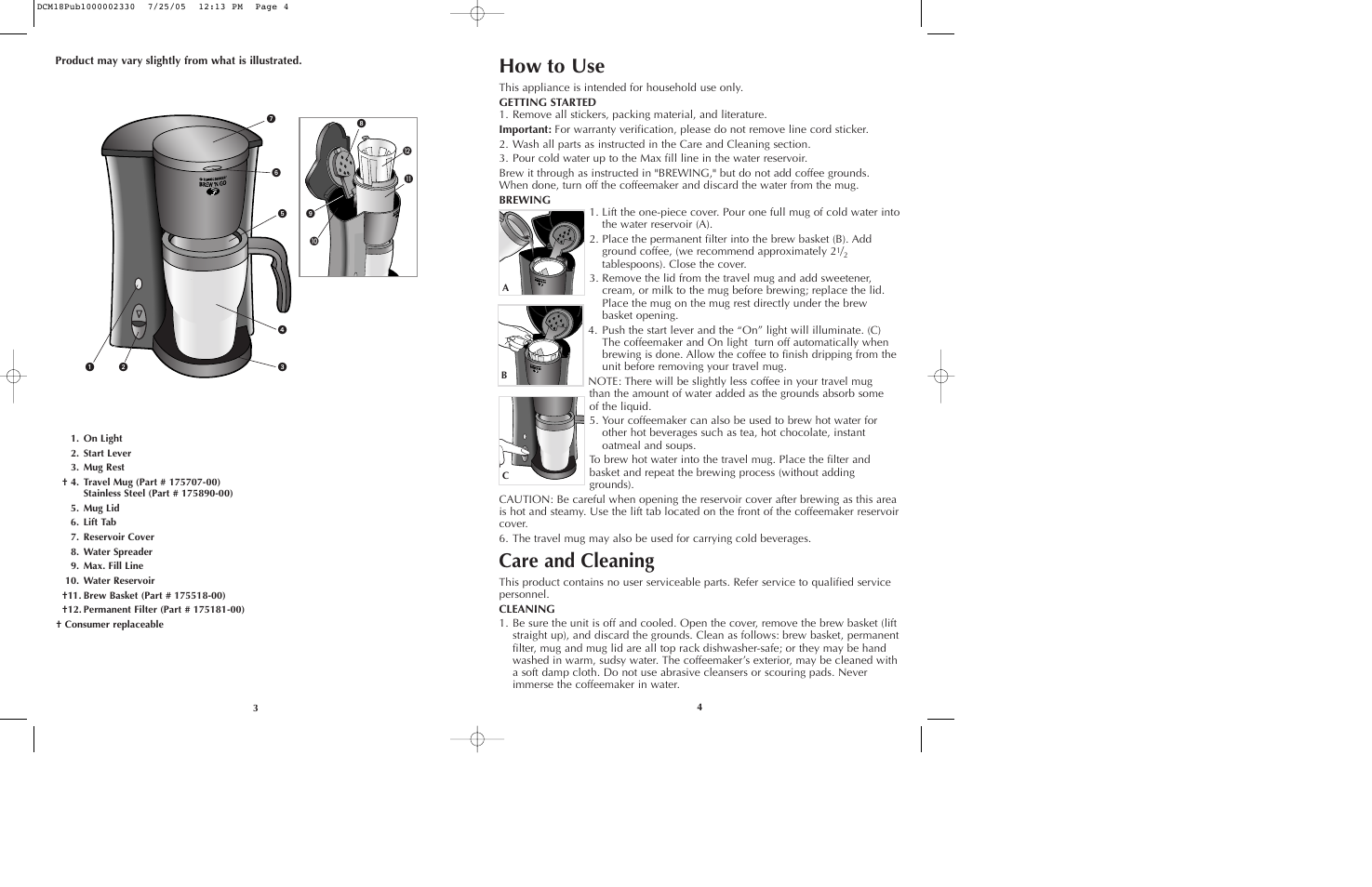 How to use, Care and cleaning | Black & Decker BREW 'N GO DCM18 User Manual | Page 3 / 11