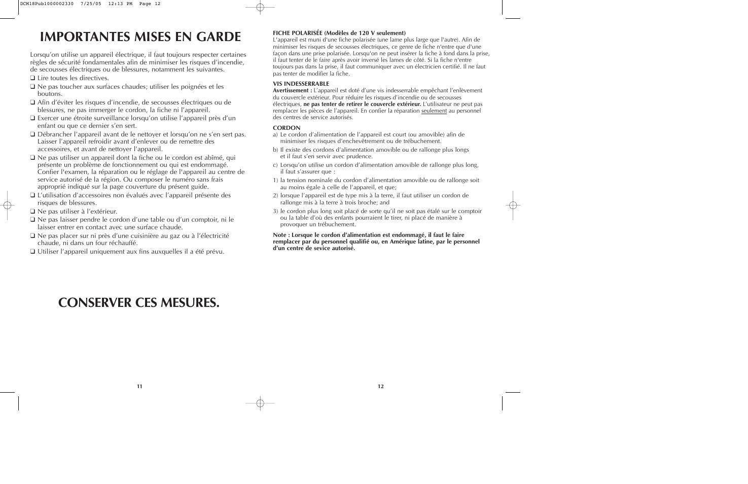 Importantes mises en garde conserver ces mesures | Black & Decker BREW 'N GO DCM18 User Manual | Page 7 / 11