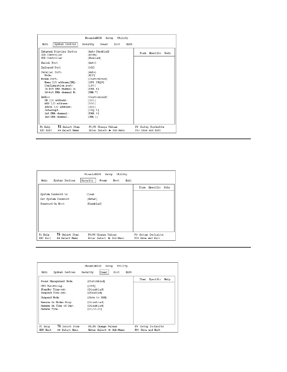 Power menu, Security menu | Dell Inspiron 3500 User Manual | Page 124 / 166