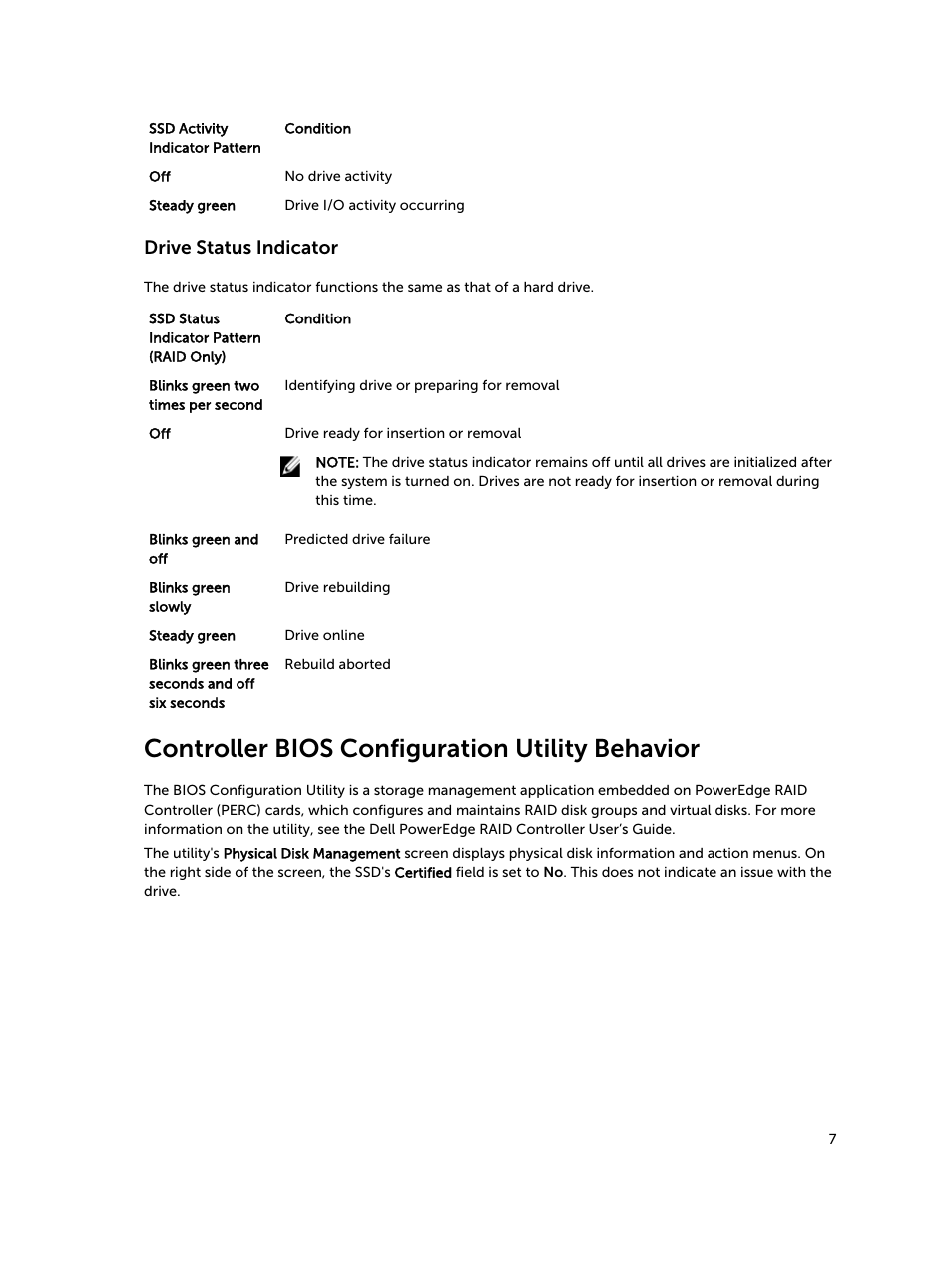 Drive status indicator, Controller bios configuration utility behavior | Dell PowerEdge R420 User Manual | Page 7 / 13