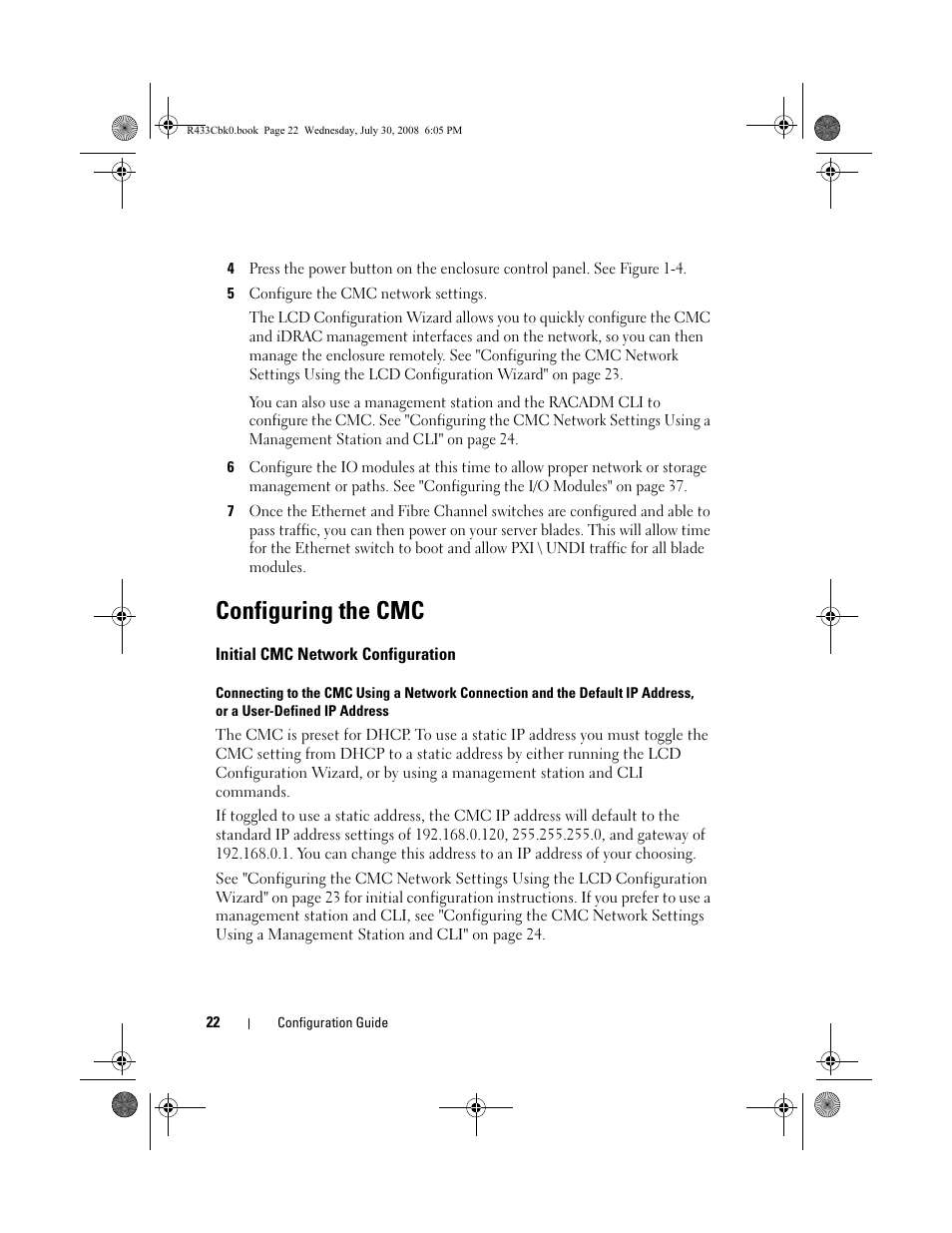 Configuring the cmc, Initial cmc network configuration | Dell PowerEdge M605 User Manual | Page 24 / 210