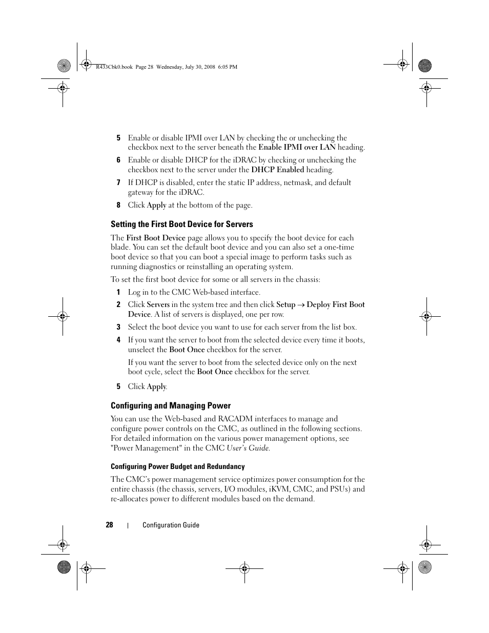 Setting the first boot device for servers, Configuring and managing power | Dell PowerEdge M605 User Manual | Page 30 / 210