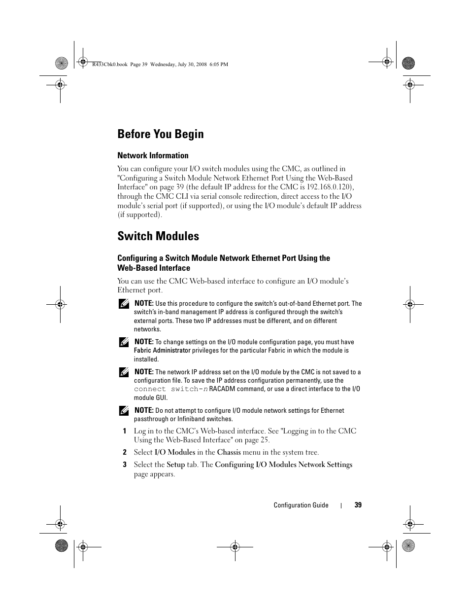 Before you begin, Network information, Switch modules | Dell PowerEdge M605 User Manual | Page 41 / 210