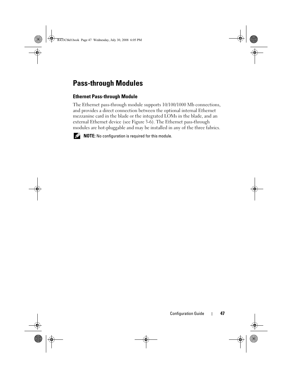 Pass-through modules, Ethernet pass-through module | Dell PowerEdge M605 User Manual | Page 49 / 210