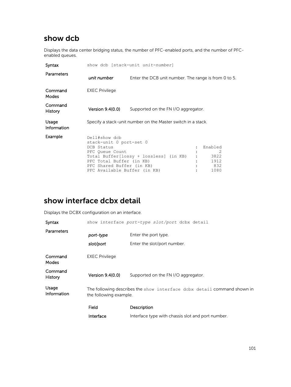 Show dcb, Show interface dcbx detail | Dell PowerEdge FX2/FX2s User Manual | Page 101 / 462