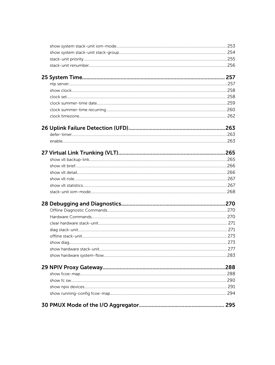 25 system time, 26 uplink failure detection (ufd), 27 virtual link trunking (vlt) | 28 debugging and diagnostics, 29 npiv proxy gateway, 30 pmux mode of the i/o aggregator | Dell PowerEdge FX2/FX2s User Manual | Page 11 / 462