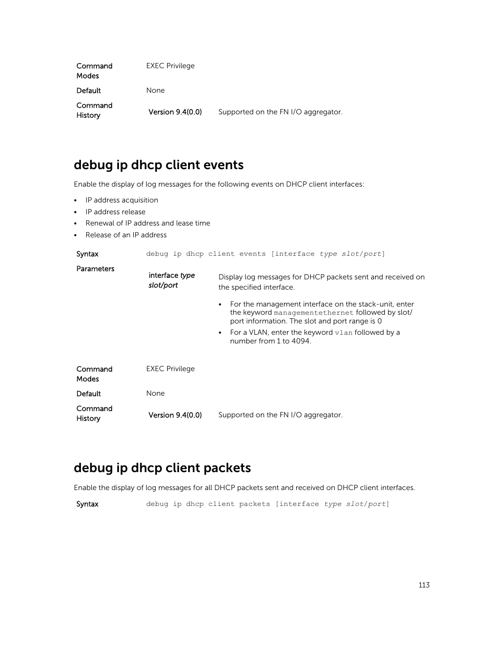 Debug ip dhcp client events, Debug ip dhcp client packets | Dell PowerEdge FX2/FX2s User Manual | Page 113 / 462