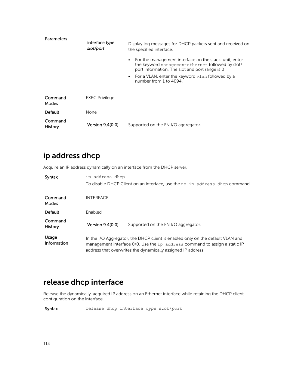 Ip address dhcp, Release dhcp interface | Dell PowerEdge FX2/FX2s User Manual | Page 114 / 462