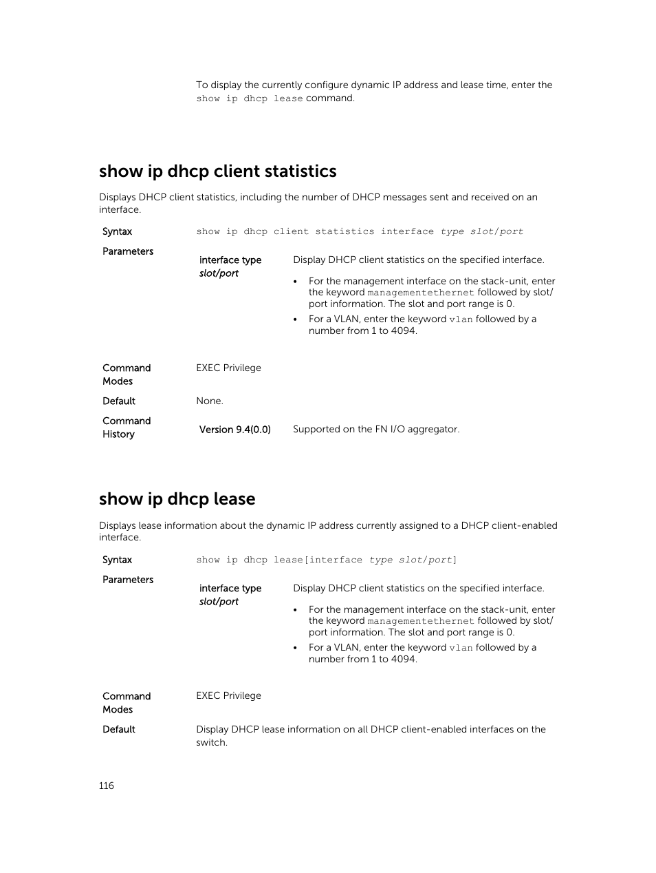 Show ip dhcp client statistics, Show ip dhcp lease | Dell PowerEdge FX2/FX2s User Manual | Page 116 / 462