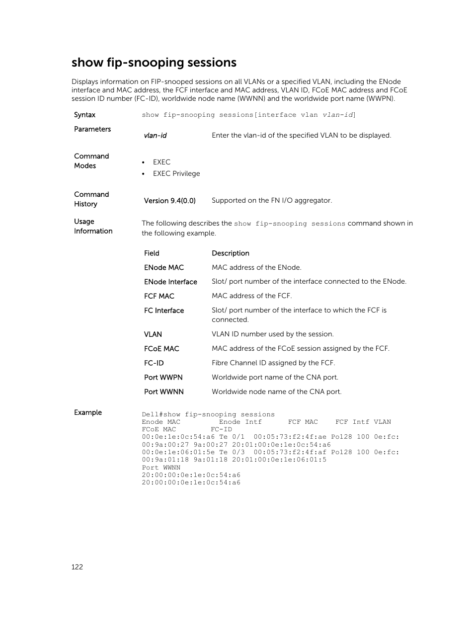 Show fip-snooping sessions | Dell PowerEdge FX2/FX2s User Manual | Page 122 / 462