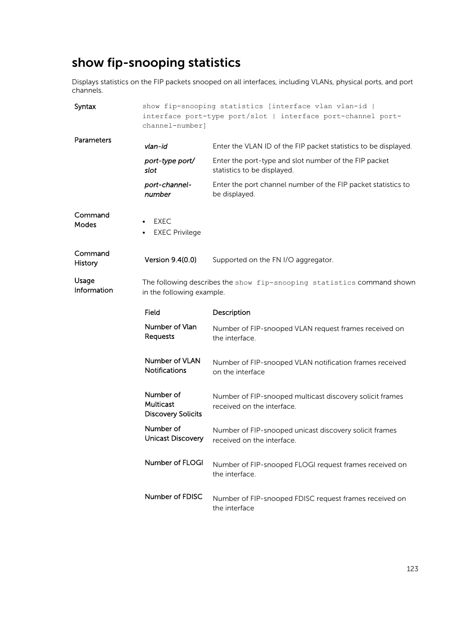 Show fip-snooping statistics | Dell PowerEdge FX2/FX2s User Manual | Page 123 / 462