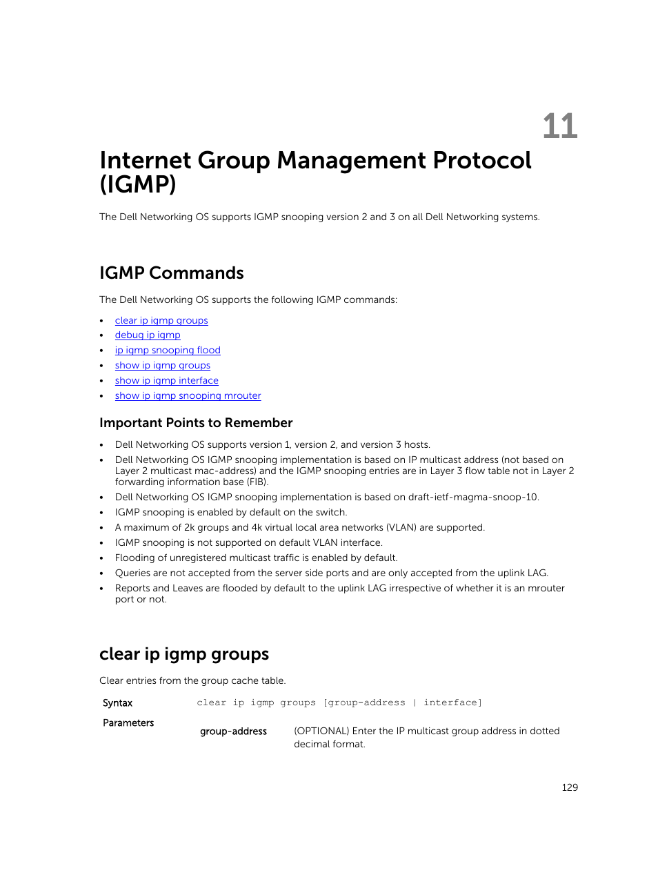 Internet group management protocol (igmp), Igmp commands, Clear ip igmp groups | 11 internet group management protocol (igmp) | Dell PowerEdge FX2/FX2s User Manual | Page 129 / 462