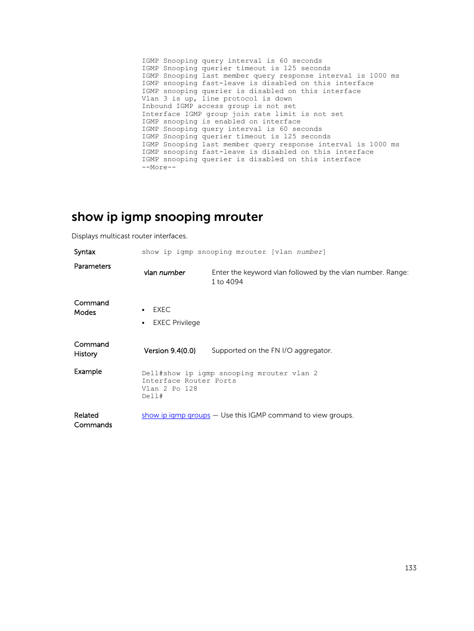 Show ip igmp snooping mrouter | Dell PowerEdge FX2/FX2s User Manual | Page 133 / 462