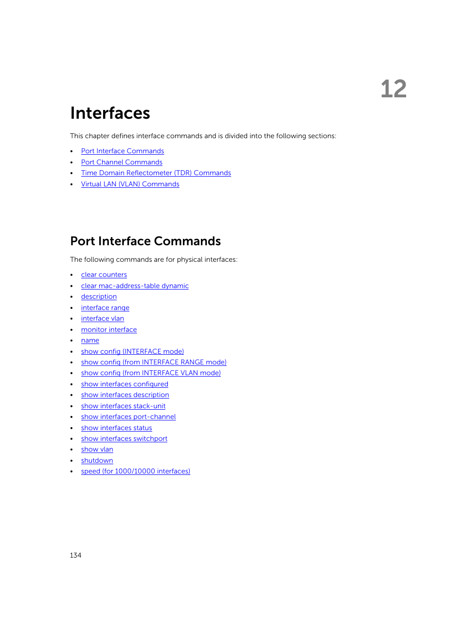 Interfaces, Port interface commands, 12 interfaces | Dell PowerEdge FX2/FX2s User Manual | Page 134 / 462
