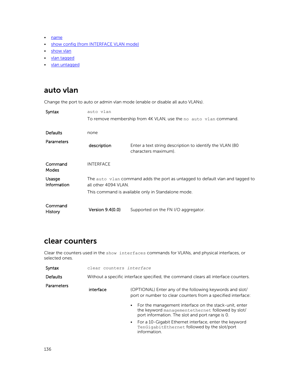 Auto vlan, Clear counters | Dell PowerEdge FX2/FX2s User Manual | Page 136 / 462