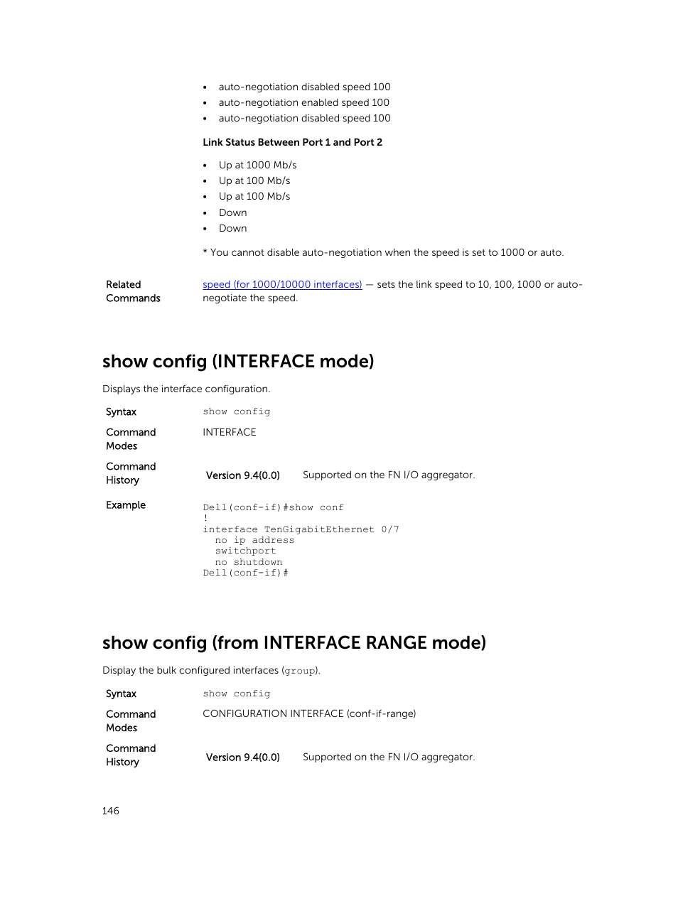 Show config (interface mode), Show config (from interface range mode) | Dell PowerEdge FX2/FX2s User Manual | Page 146 / 462