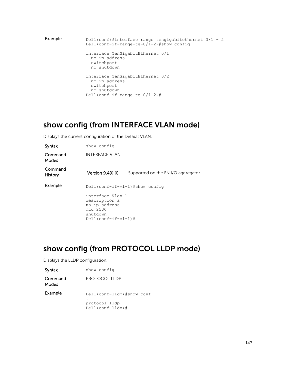 Show config (from interface vlan mode), Show config (from protocol lldp mode) | Dell PowerEdge FX2/FX2s User Manual | Page 147 / 462