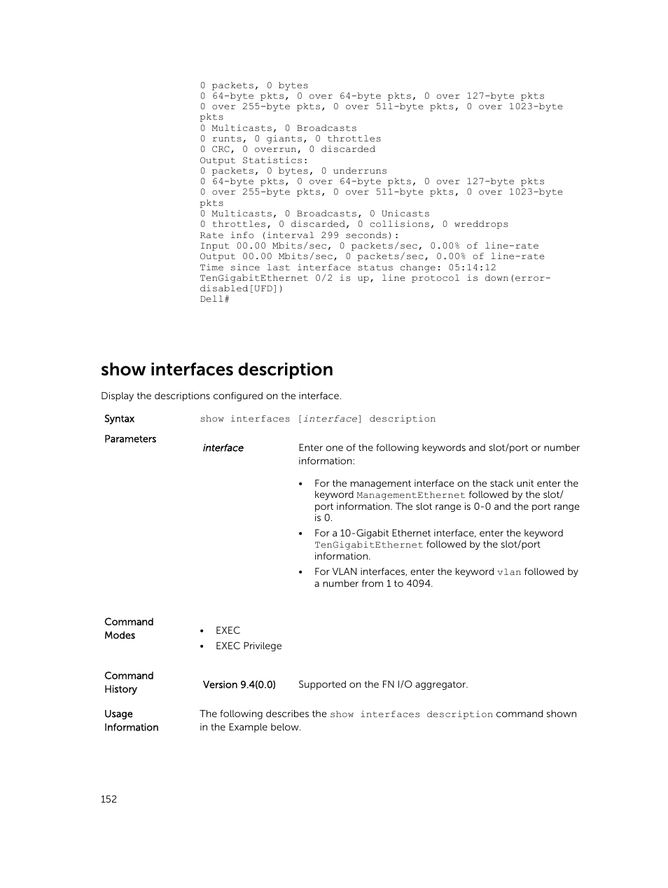 Show interfaces description | Dell PowerEdge FX2/FX2s User Manual | Page 152 / 462