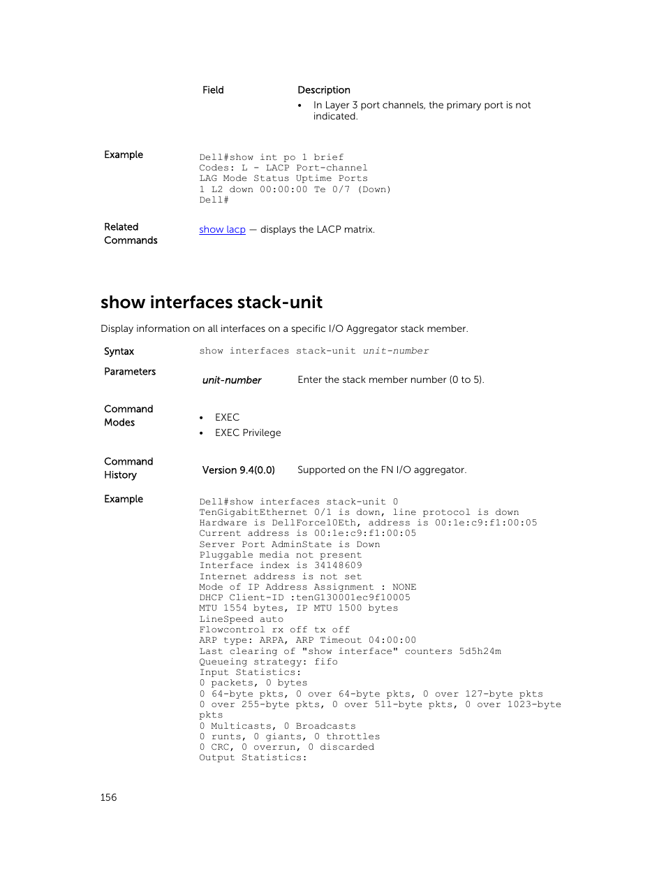 Show interfaces stack-unit | Dell PowerEdge FX2/FX2s User Manual | Page 156 / 462