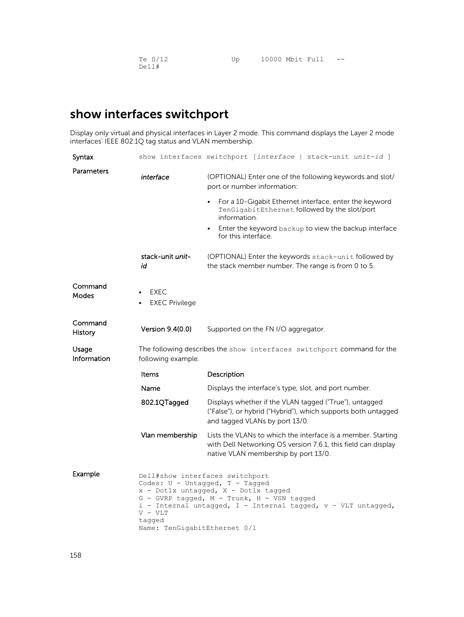 Show interfaces switchport | Dell PowerEdge FX2/FX2s User Manual | Page 158 / 462