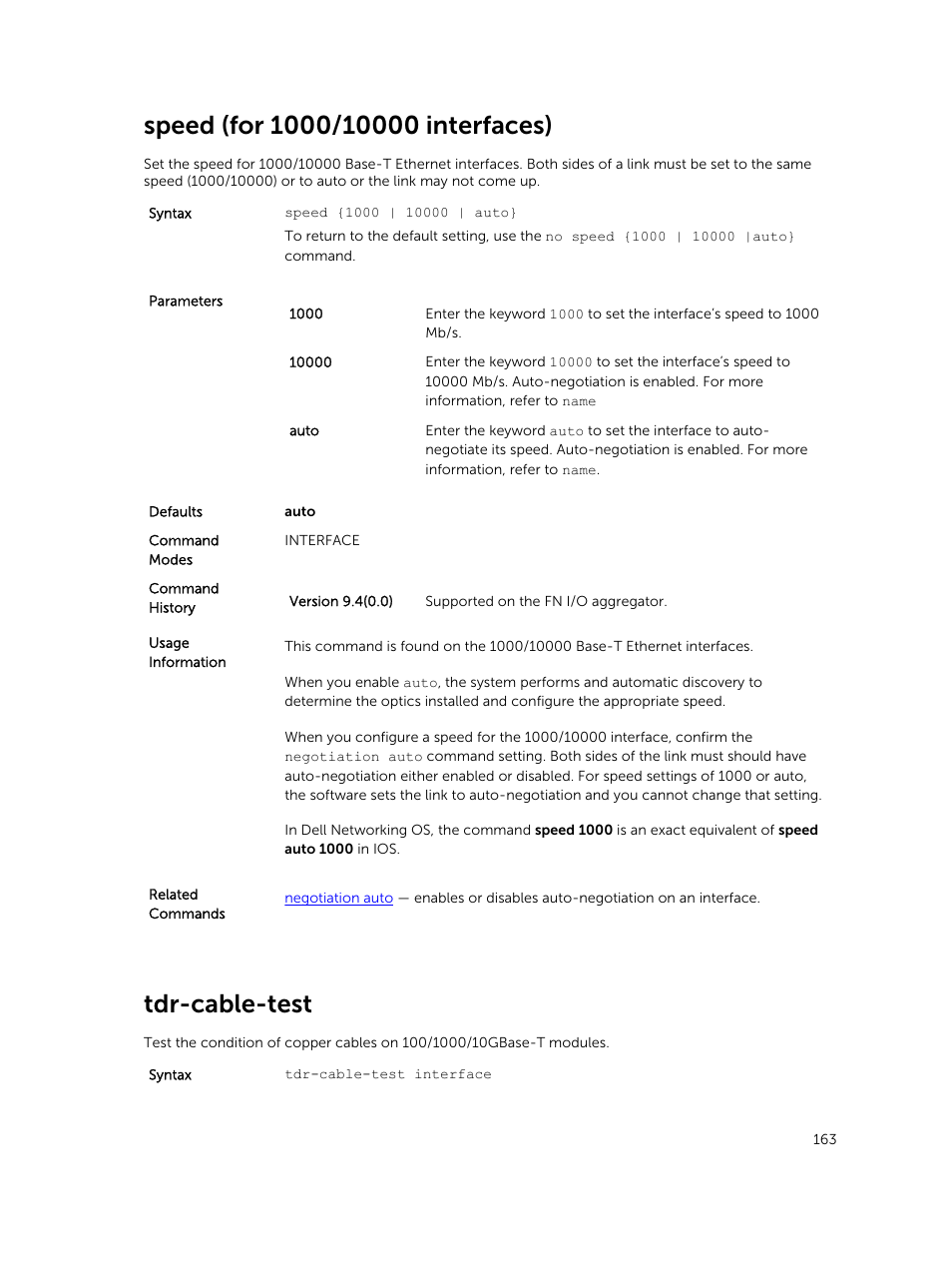 Speed (for 1000/10000 interfaces), Tdr-cable-test | Dell PowerEdge FX2/FX2s User Manual | Page 163 / 462