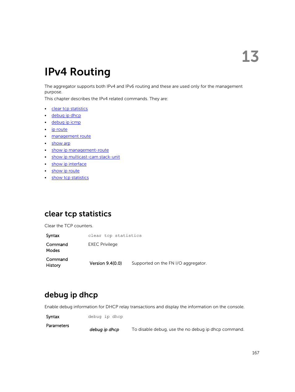 Ipv4 routing, Clear tcp statistics, Debug ip dhcp | 13 ipv4 routing | Dell PowerEdge FX2/FX2s User Manual | Page 167 / 462