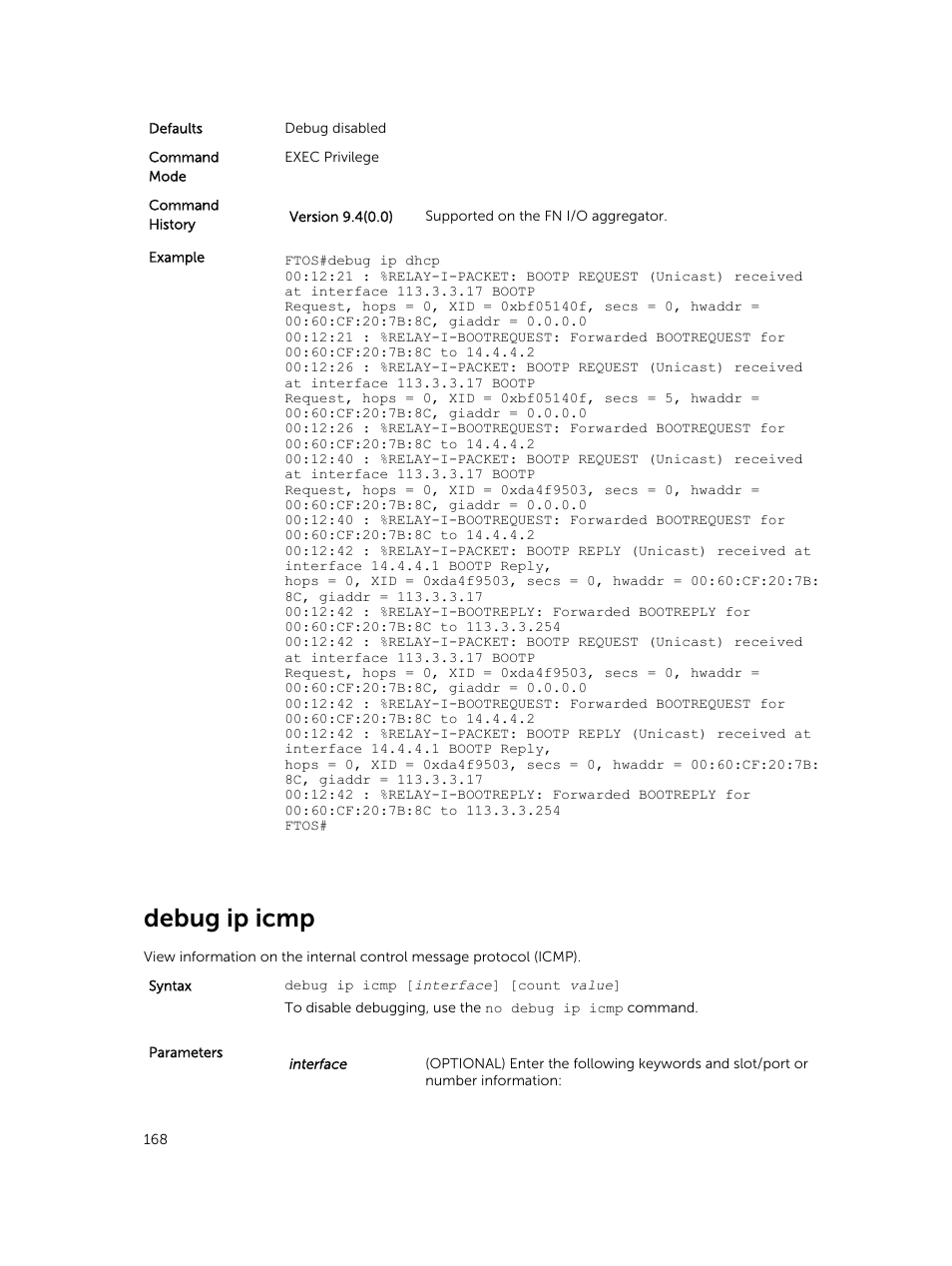 Debug ip icmp | Dell PowerEdge FX2/FX2s User Manual | Page 168 / 462