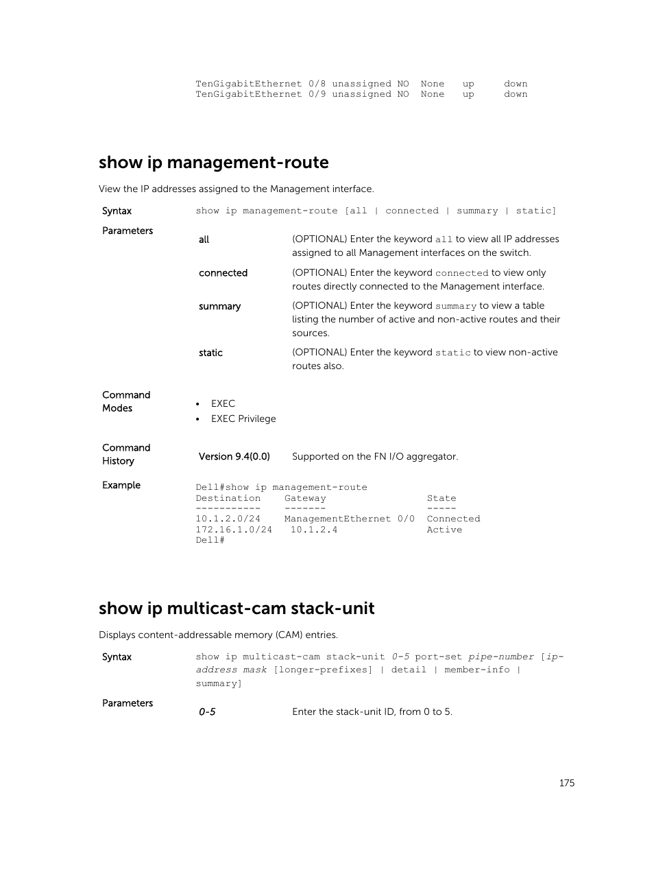 Show ip management-route, Show ip multicast-cam stack-unit | Dell PowerEdge FX2/FX2s User Manual | Page 175 / 462