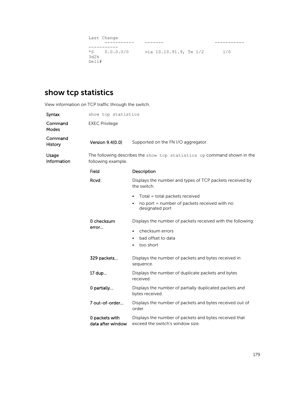 Show tcp statistics | Dell PowerEdge FX2/FX2s User Manual | Page 179 / 462