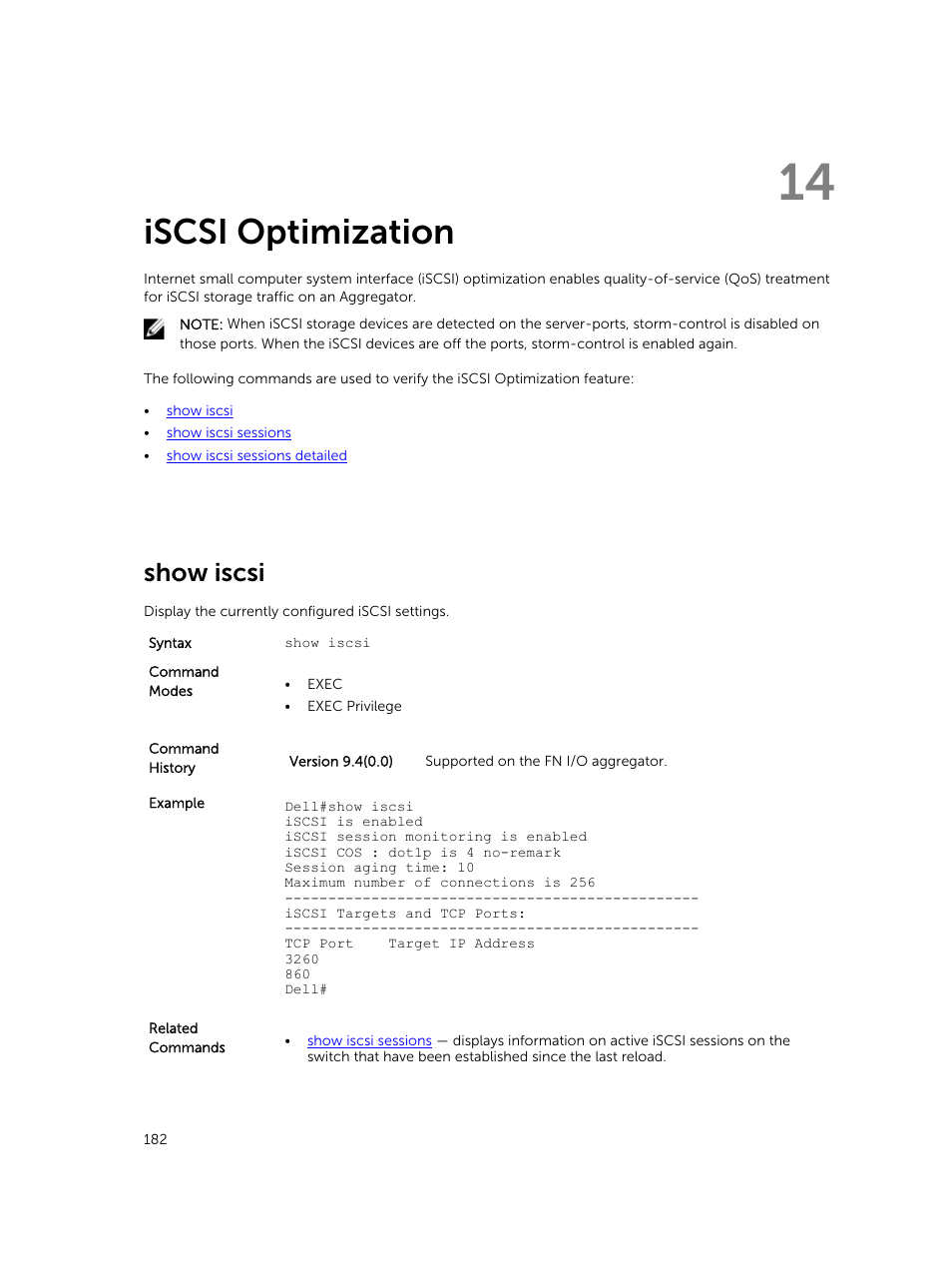 Iscsi optimization, Show iscsi, 14 iscsi optimization | Dell PowerEdge FX2/FX2s User Manual | Page 182 / 462