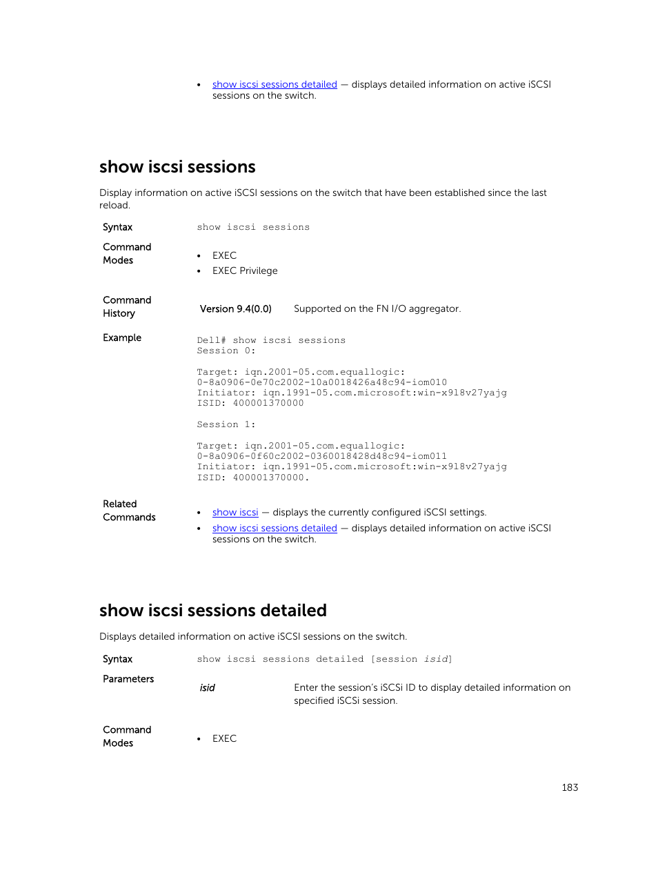 Show iscsi sessions, Show iscsi sessions detailed | Dell PowerEdge FX2/FX2s User Manual | Page 183 / 462