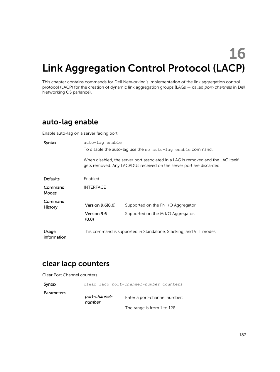 Link aggregation control protocol (lacp), Auto-lag enable, Clear lacp counters | 16 link aggregation control protocol (lacp) | Dell PowerEdge FX2/FX2s User Manual | Page 187 / 462