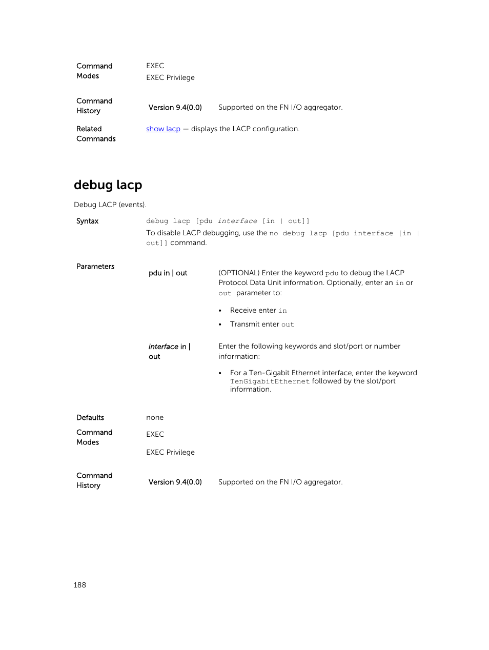 Debug lacp | Dell PowerEdge FX2/FX2s User Manual | Page 188 / 462