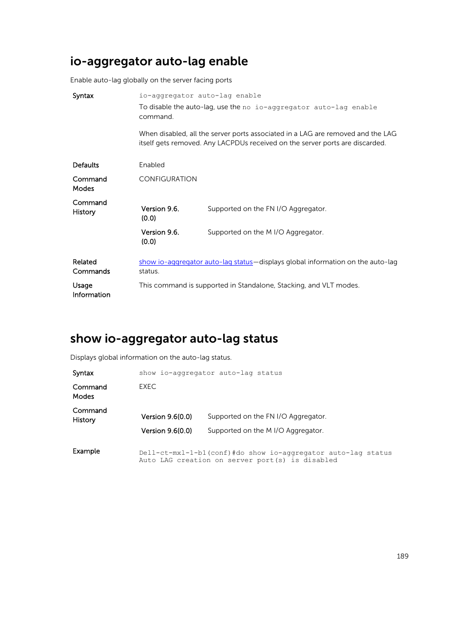 Io-aggregator auto-lag enable, Show io-aggregator auto-lag status | Dell PowerEdge FX2/FX2s User Manual | Page 189 / 462