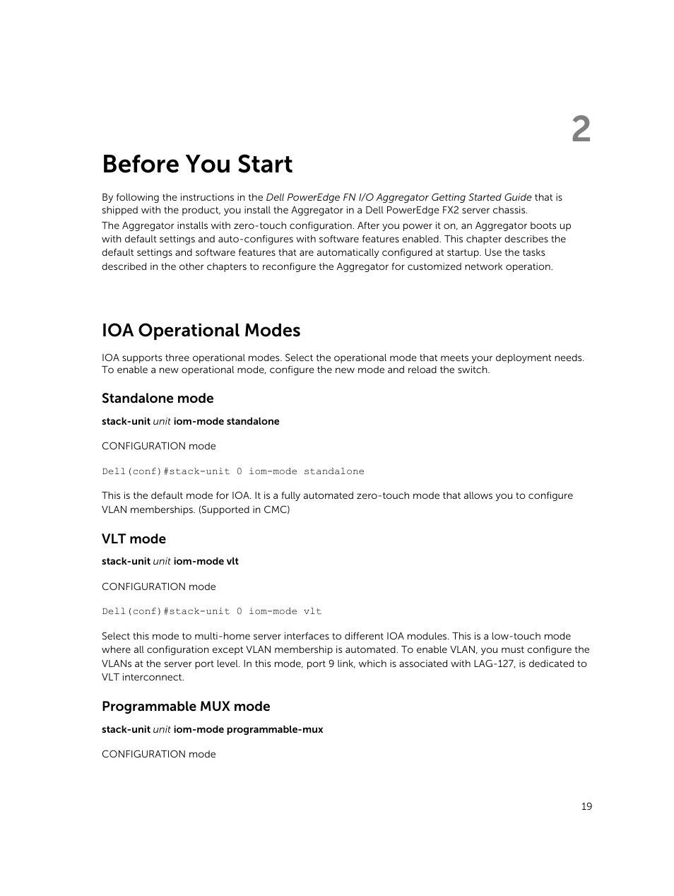 Before you start, Ioa operational modes, 2 before you start | Dell PowerEdge FX2/FX2s User Manual | Page 19 / 462
