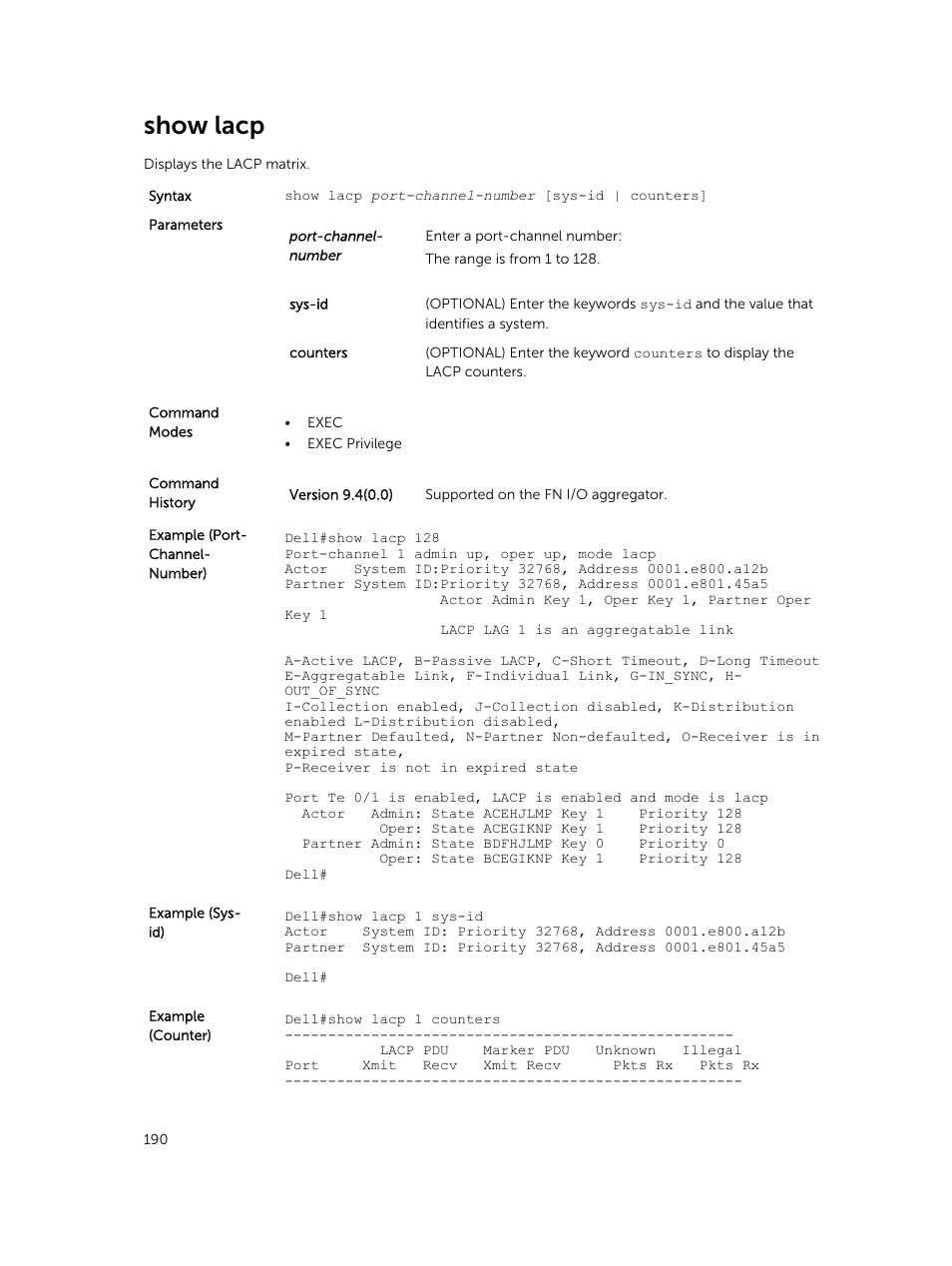 Show lacp | Dell PowerEdge FX2/FX2s User Manual | Page 190 / 462