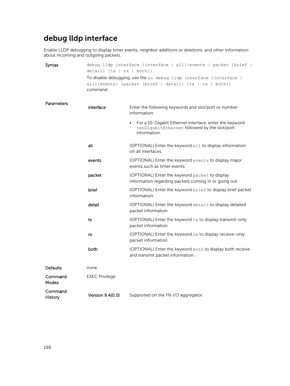 Debug lldp interface | Dell PowerEdge FX2/FX2s User Manual | Page 198 / 462